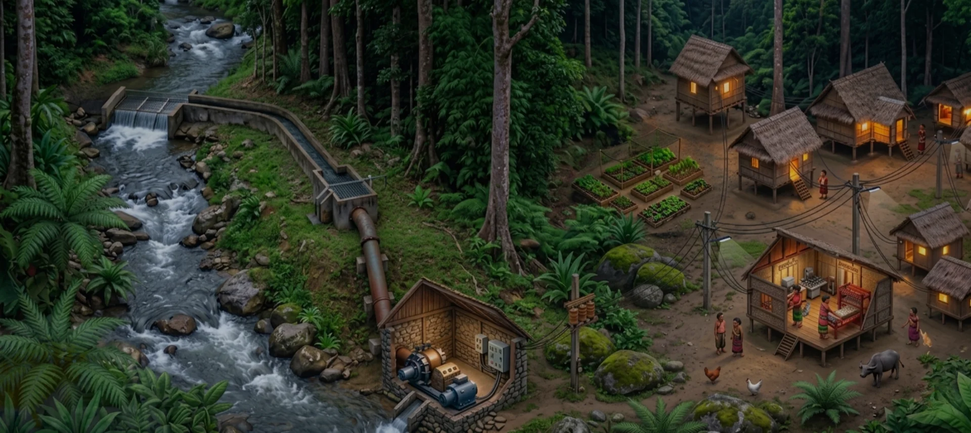 Run-of-river micro-hydropower system showing the weir, canal, tank, penstock, powerhouse, distribution line, livelihood areas, and community households